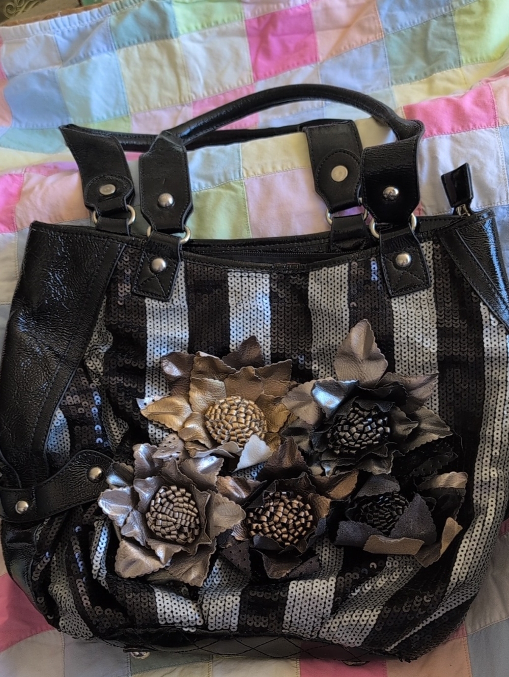 Black Sequin Tote with Metallic Floral Appliqué